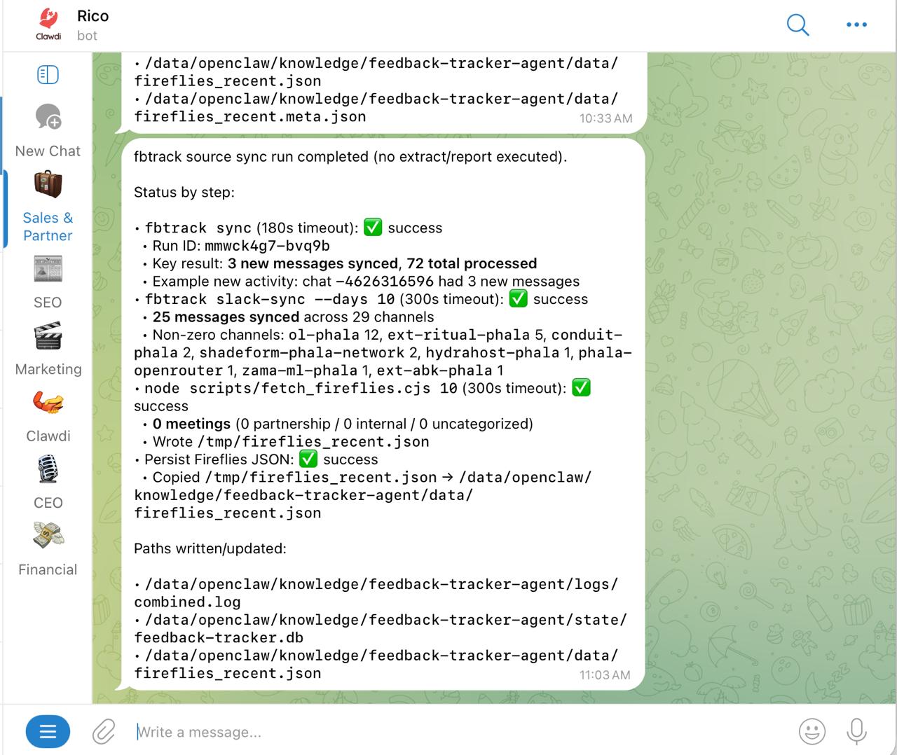 Clawdi Telegram assistant reporting fbtrack sync results