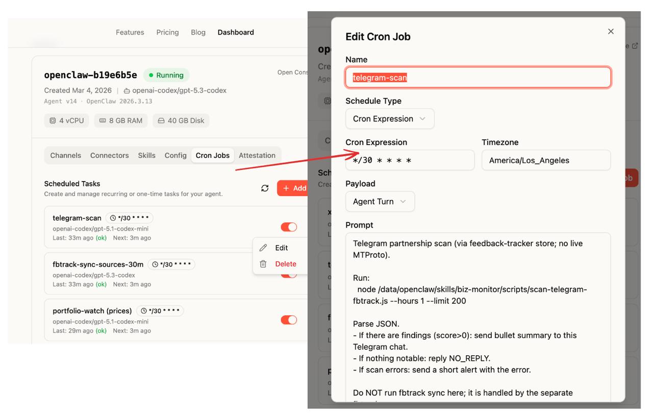 Clawdi Edit Cron Job modal showing cron expression and prompt