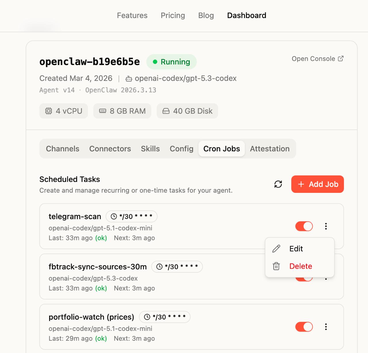 Clawdi Cron Jobs list showing telegram-scan, fbtrack-sync, and portfolio-watch
