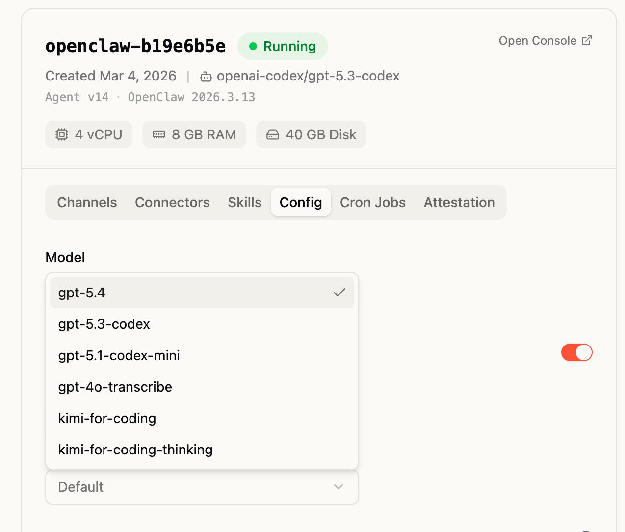 Clawdi agent Config tab with model dropdown